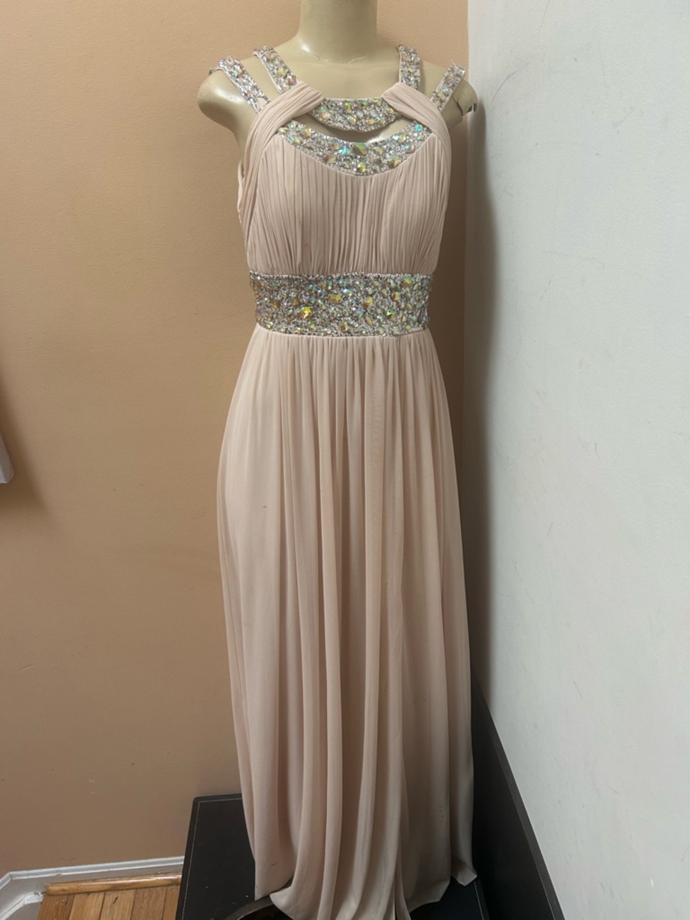 Elegant Beige Embellished Evening Gown